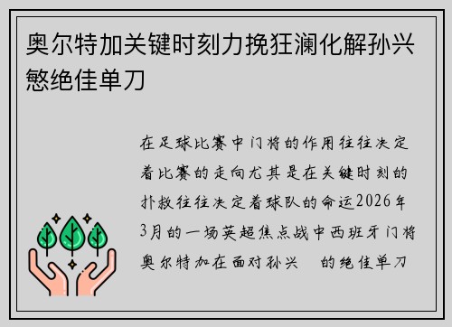 奥尔特加关键时刻力挽狂澜化解孙兴慜绝佳单刀