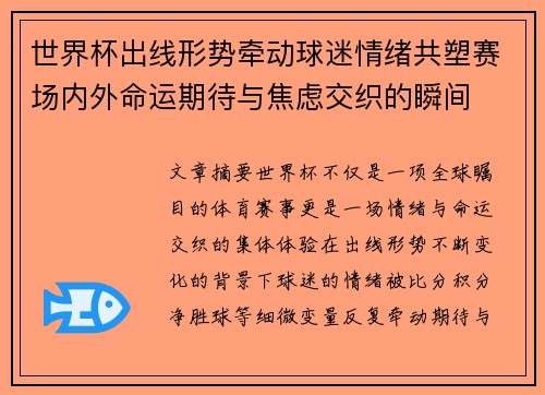 世界杯出线形势牵动球迷情绪共塑赛场内外命运期待与焦虑交织的瞬间